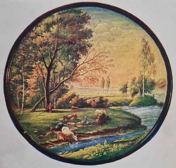 Painting of a pastoral scene by a river, featuring children and cows