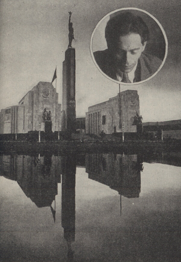 The Soviet Pavilion at the New York World's Fair and (in inset) Boris Yofan
