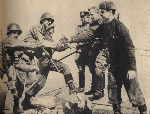 Photograph of soldiers meeting